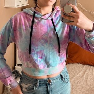 SHEIN Tied Dye Multicolor Drop Shoulder Cropped Hoodie Size M